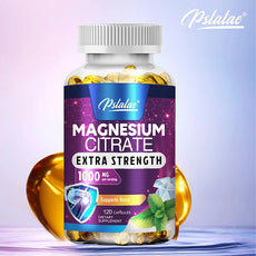 Bottle of Pslalae Magnesium Citrate Extra Strength supplement on a gradient background