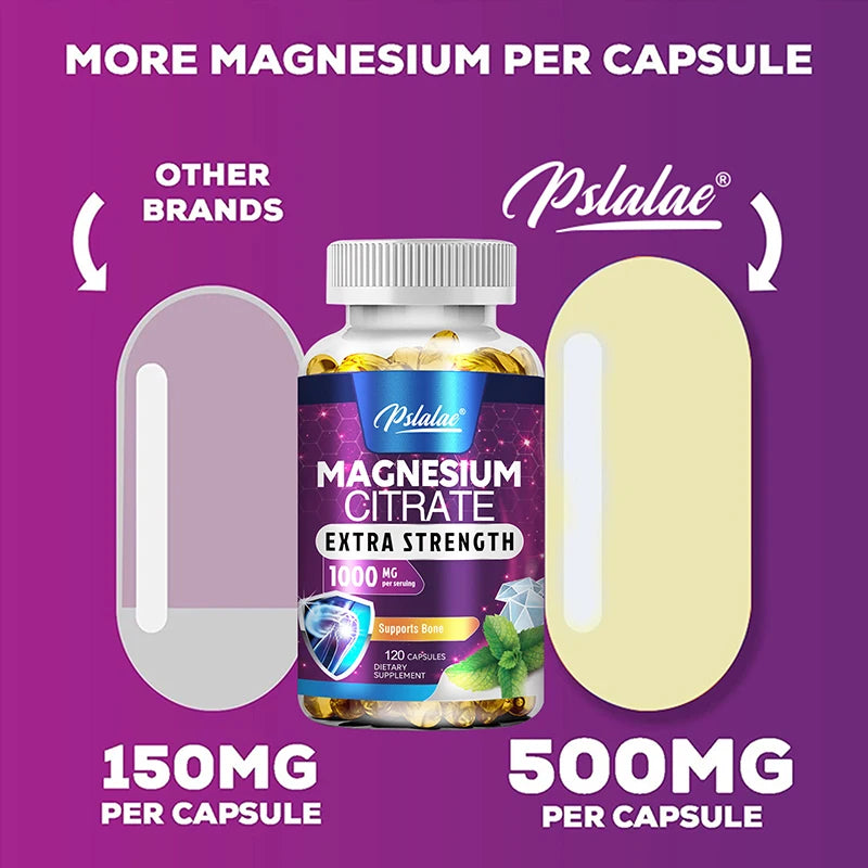 Pslalae Magnesium Citrate supplement bottle with comparison to other brands on a purple background