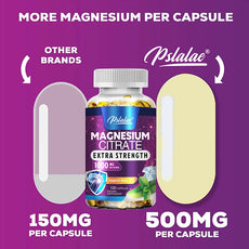 Pslalae Magnesium Citrate supplement bottle with comparison to other brands on a purple background