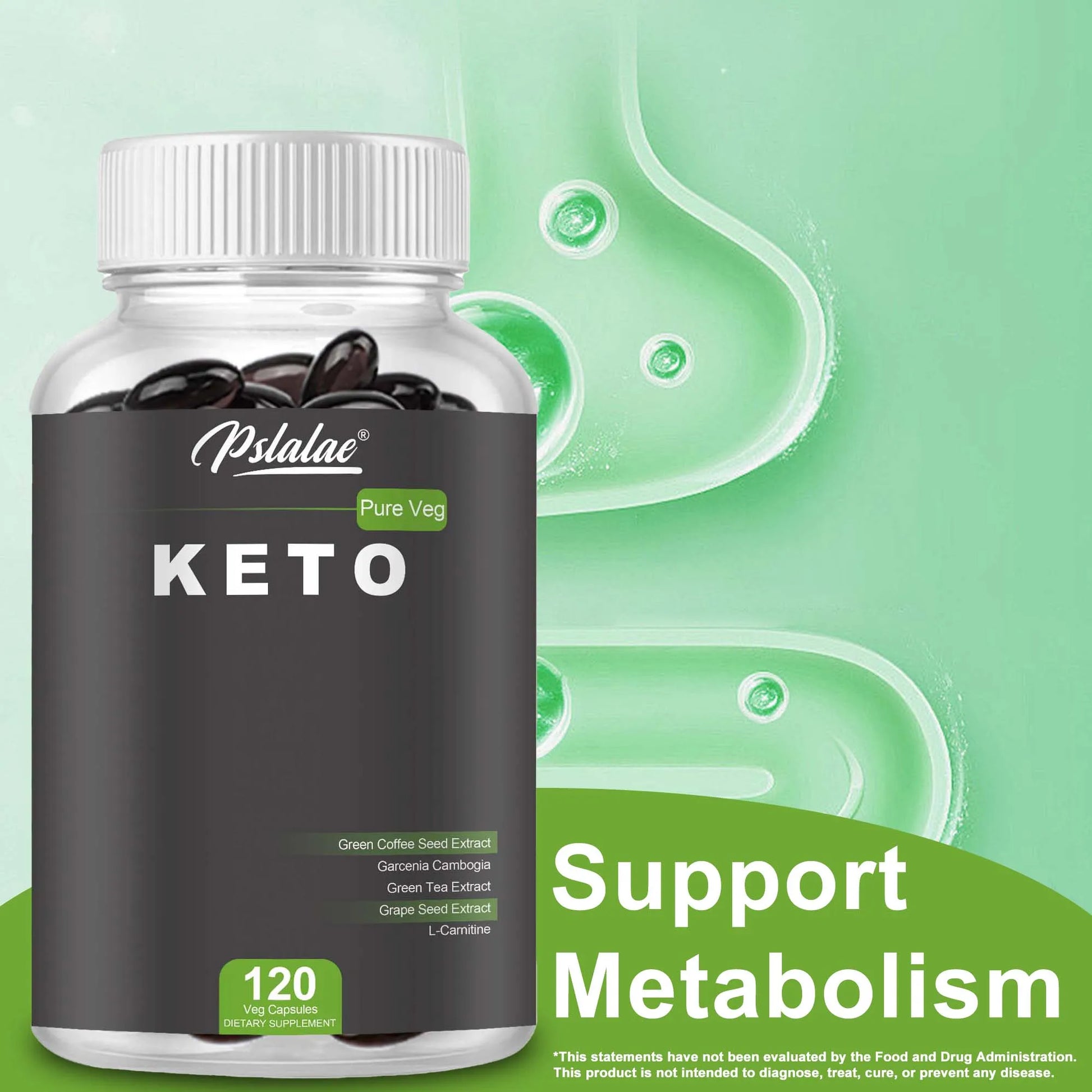 Keto supplement bottle with Psalae branding on a green background