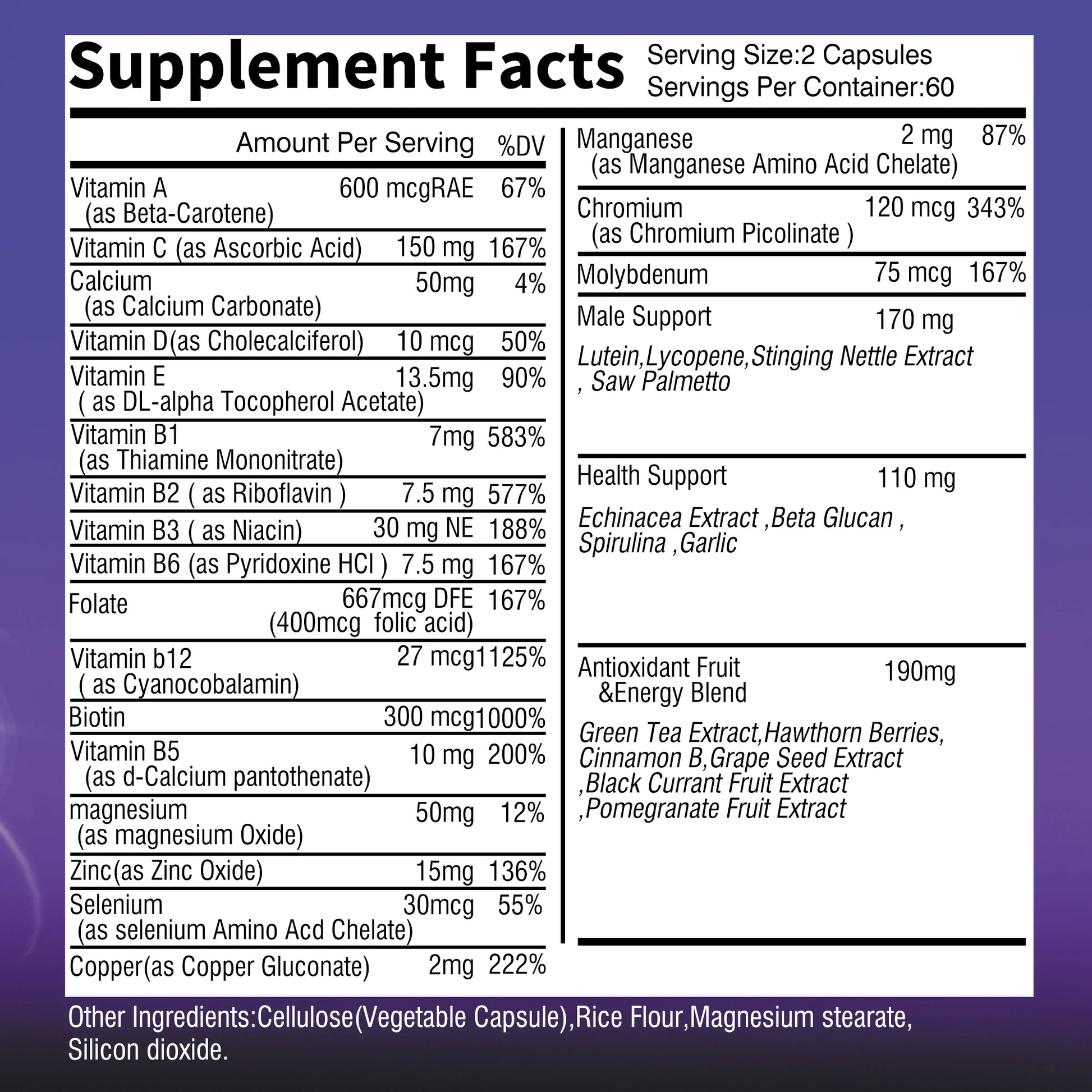 Supplement facts label with detailed nutritional information on a purple background