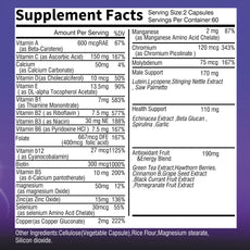 Supplement facts label with detailed nutritional information on a purple background