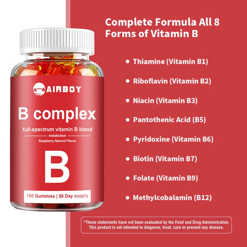 B complex vitamins bottle with a red background and product details.