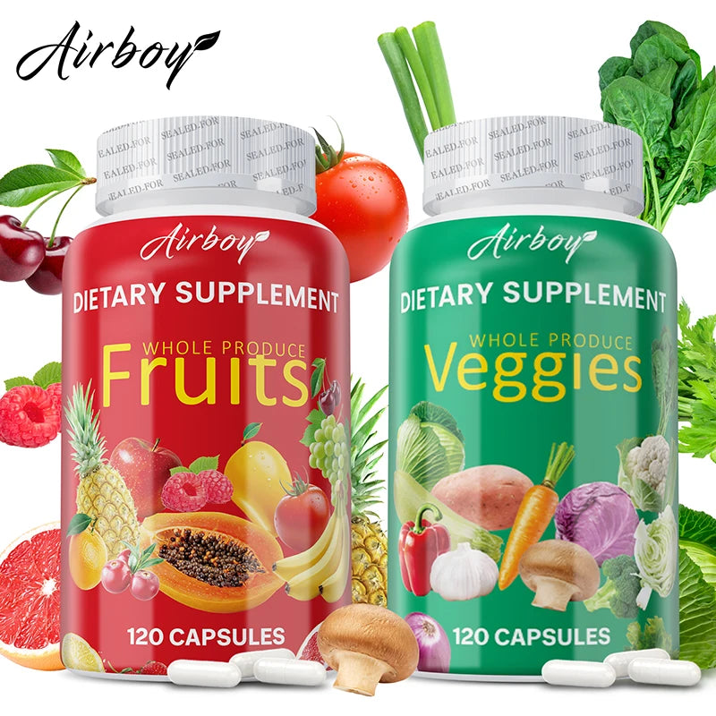 Two dietary supplement bottles labeled 'Fruits' and 'Veggies' with colorful graphics of produce on a white background.