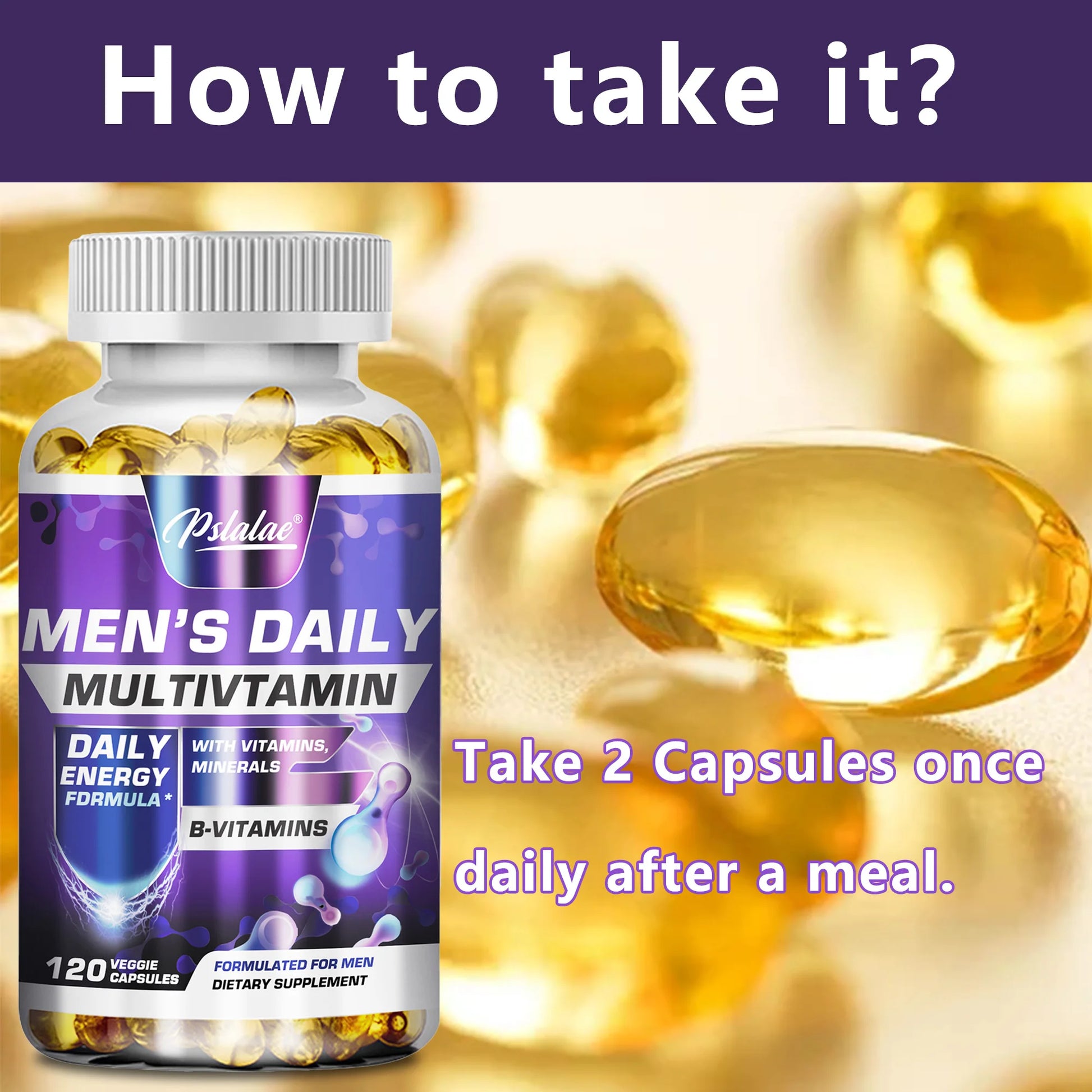 Men's Daily Multivitamin bottle with capsules on a blurred background