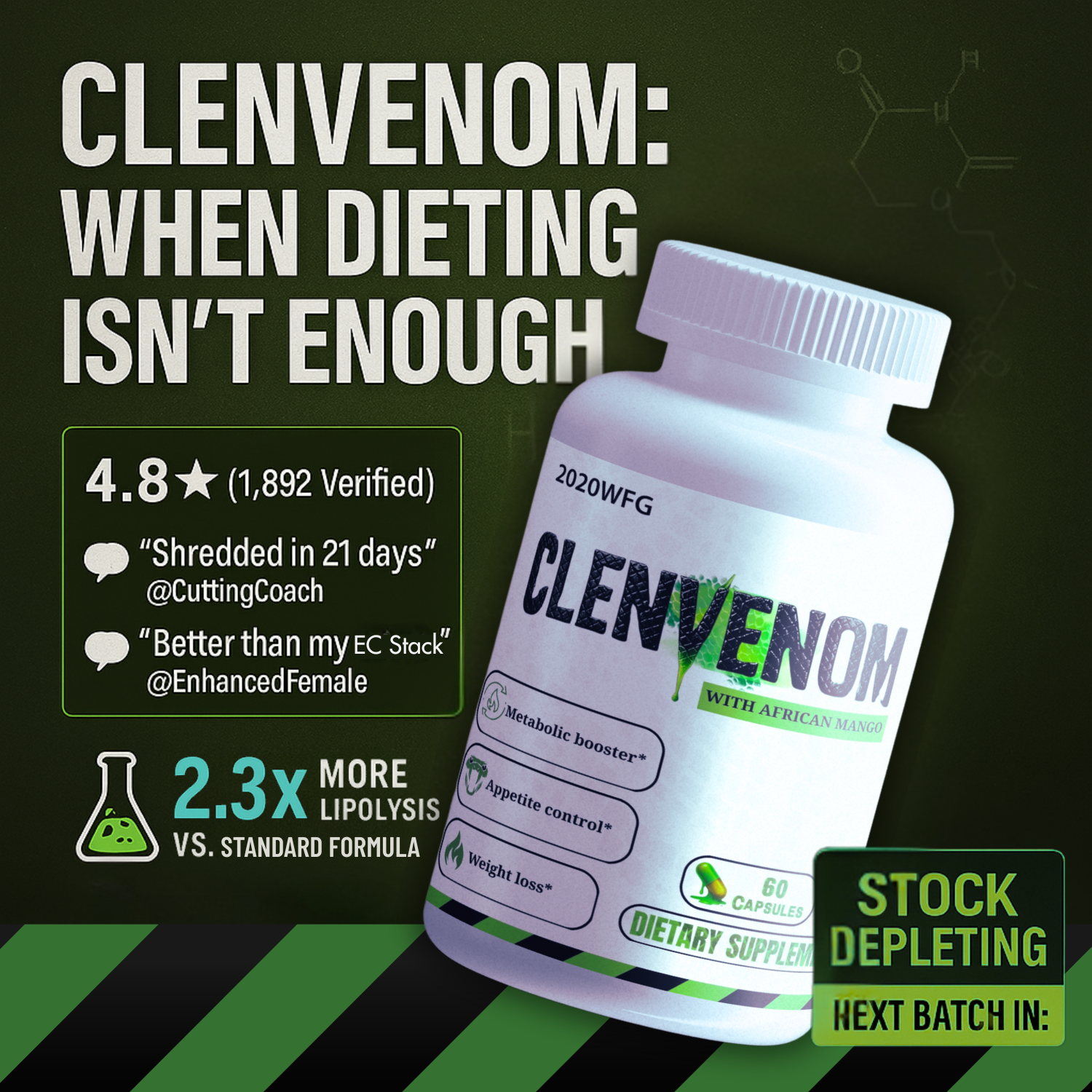 CLENVENOM thermogenic fat burner supplement - premium green tea extract, caffeine anhydrous, and cayenne pepper for weight loss, metabolism boost, and energy support. 60-serving bottle with clinical-grade ingredients.