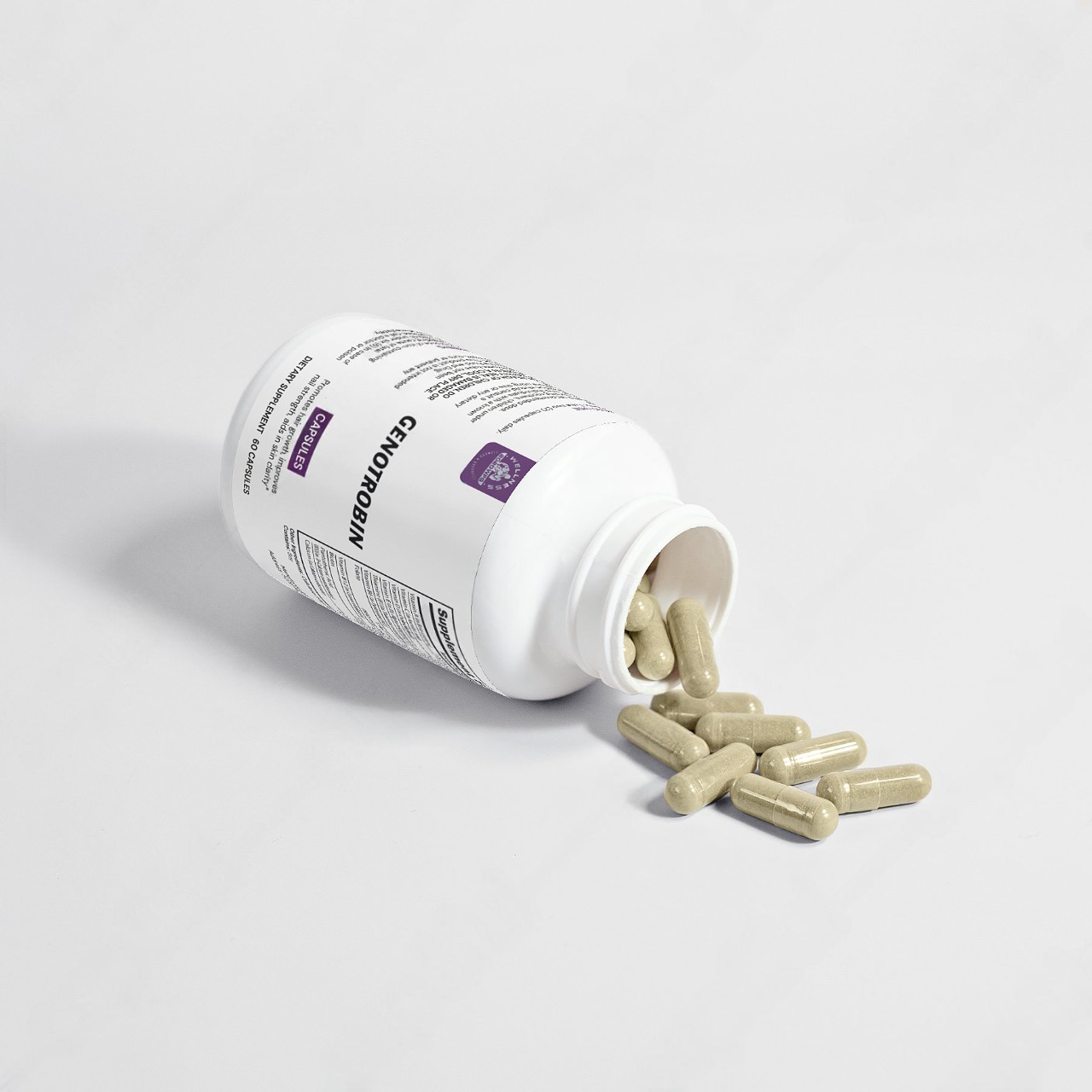 A white bottle labeled GENOTROBIN lies on its side on a light surface, with several green capsules spilling out like rays of vitality, reminiscent of 2020WFG's promise for muscle growth.