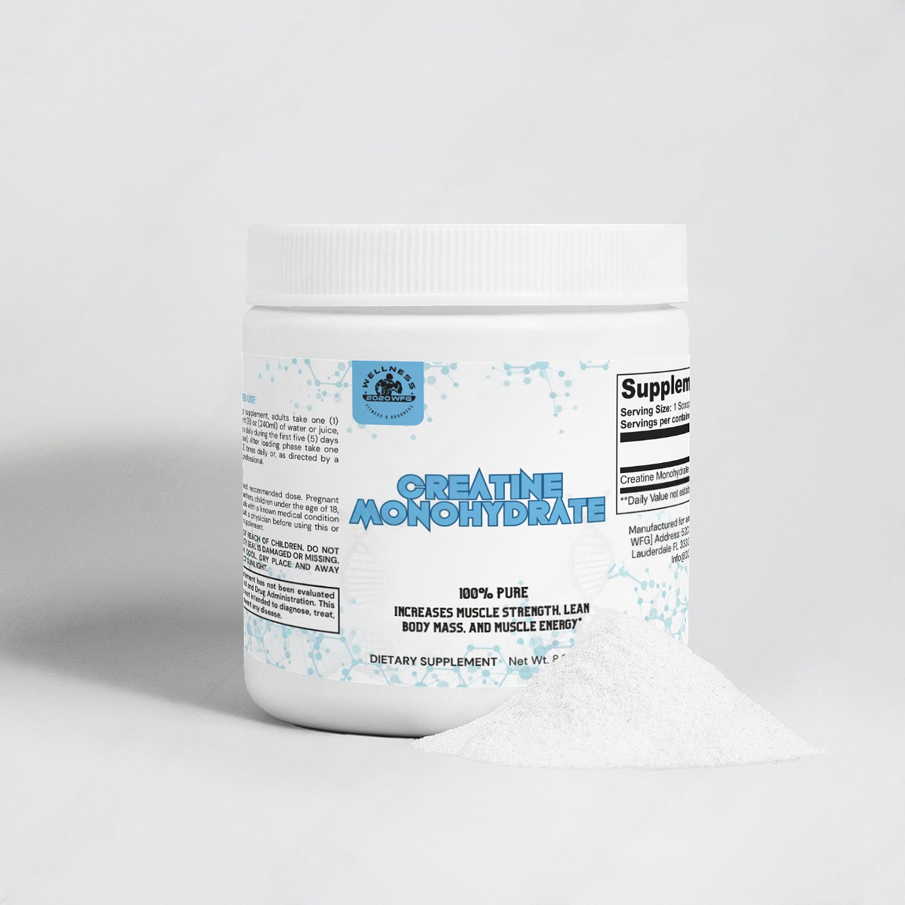 A white plastic container of 2020WFG's Creatine Monohydrate, renowned for enhancing muscle growth and athletic performance, is set against a light gray background. The container features blue text and graphics, with a small pile of the white powdered supplement next to it.