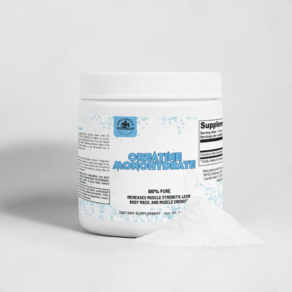 A white plastic container of 2020WFG's Creatine Monohydrate, renowned for enhancing muscle growth and athletic performance, is set against a light gray background. The container features blue text and graphics, with a small pile of the white powdered supplement next to it.