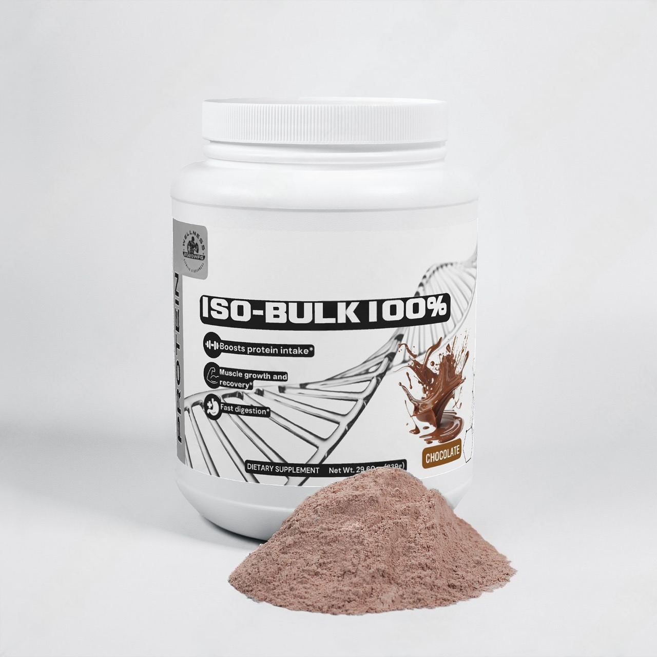 A white container of ISO-BULK 100% (Chocolate) by 2020WFG, featuring a chocolate splash design, sits next to a pile of whey protein isolate. The label emphasizes its benefits for boosting protein intake and supporting muscle growth. With a net weight of 2 lbs, it stands out as an excellent choice for a protein supplement.