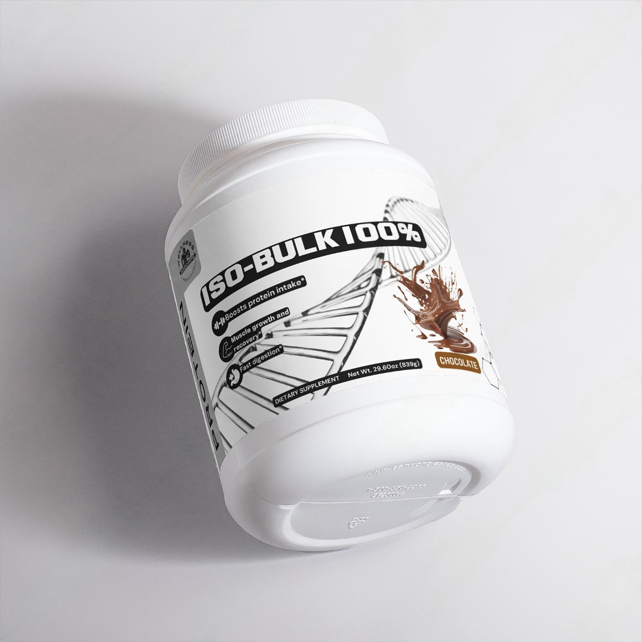 The white container of 2020WFG's ISO-BULK 100% (Chocolate) features a DNA helix graphic and chocolate splash design on its label, highlighting muscle growth with 40g of protein per serving in a rich Chocolate flavor. The sealed lid is also white.