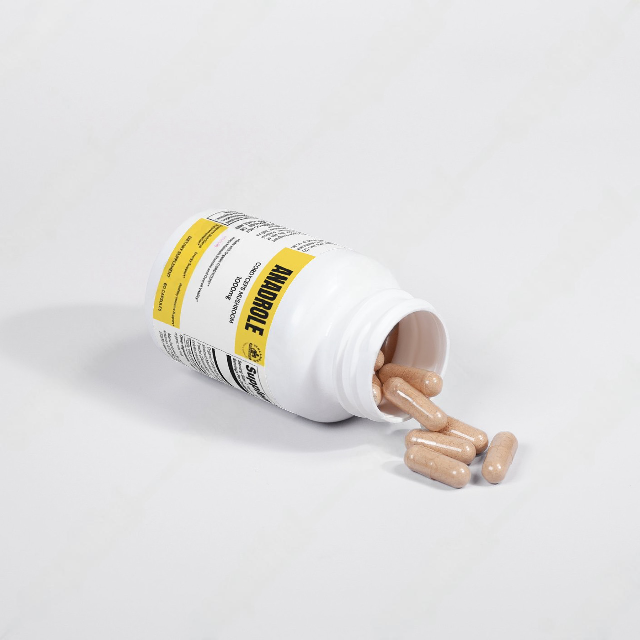 A white plastic bottle labeled "ANADROLE" from the brand 2020WFG tipped over, beige capsules containing Cordyceps spilling onto a white surface. The bottle features a yellow label with black text and is packed with dietary supplements intended to boost endurance and muscle mass.