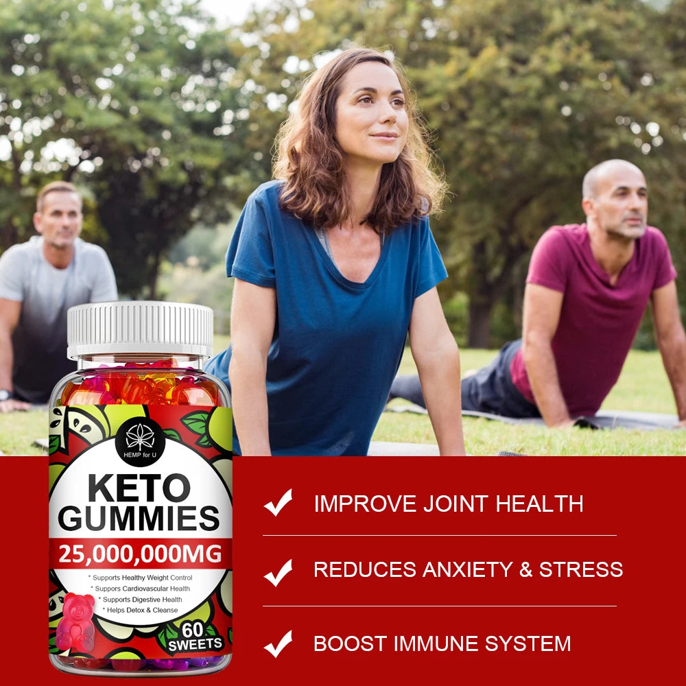 Keto gummies supplement with a woman and two men exercising in the background