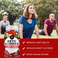 Keto gummies supplement with a woman and two men exercising in the background