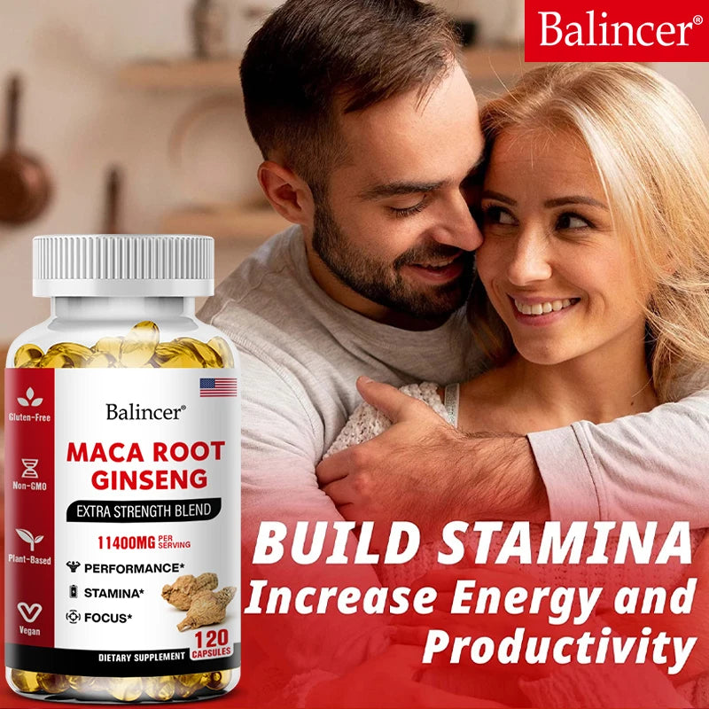 Organic Maca Root + Ginseng Extract Capsules - Stamina & Mood - Energy Supplement for Men and Women