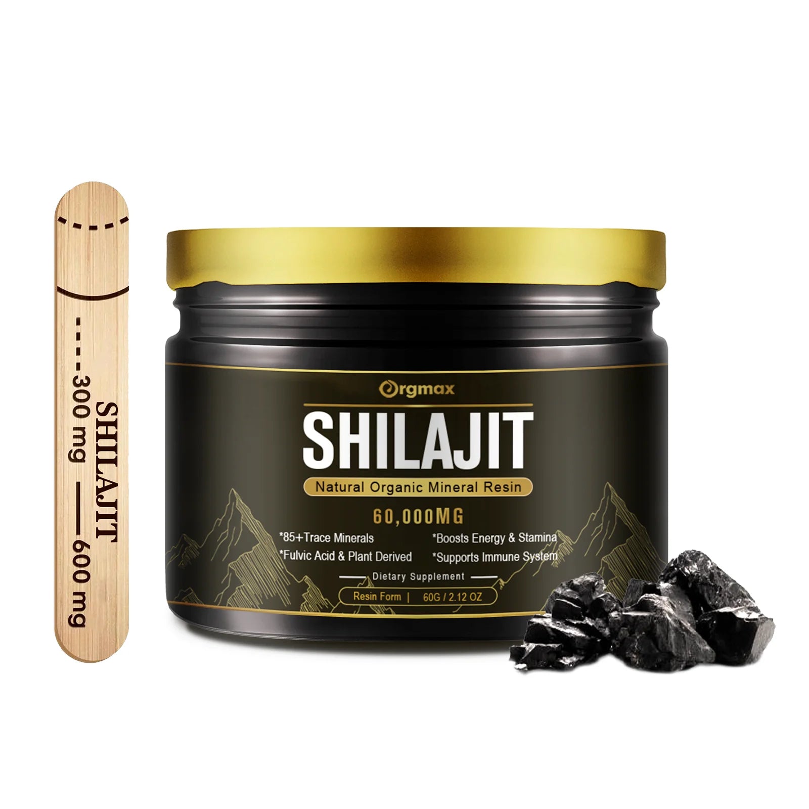 Shilajit supplement container with a wooden stick labeled 'Shilajit' on a white background