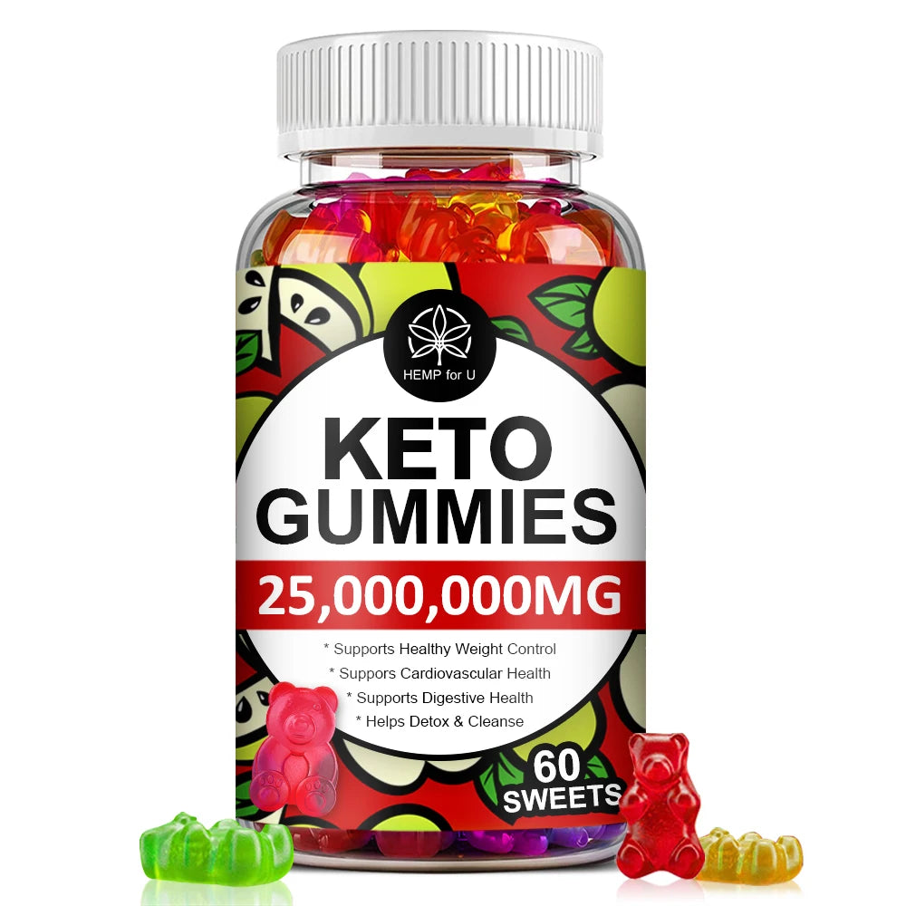 Bottle of Keto Gummies with colorful gummy bears and a white label on a white background