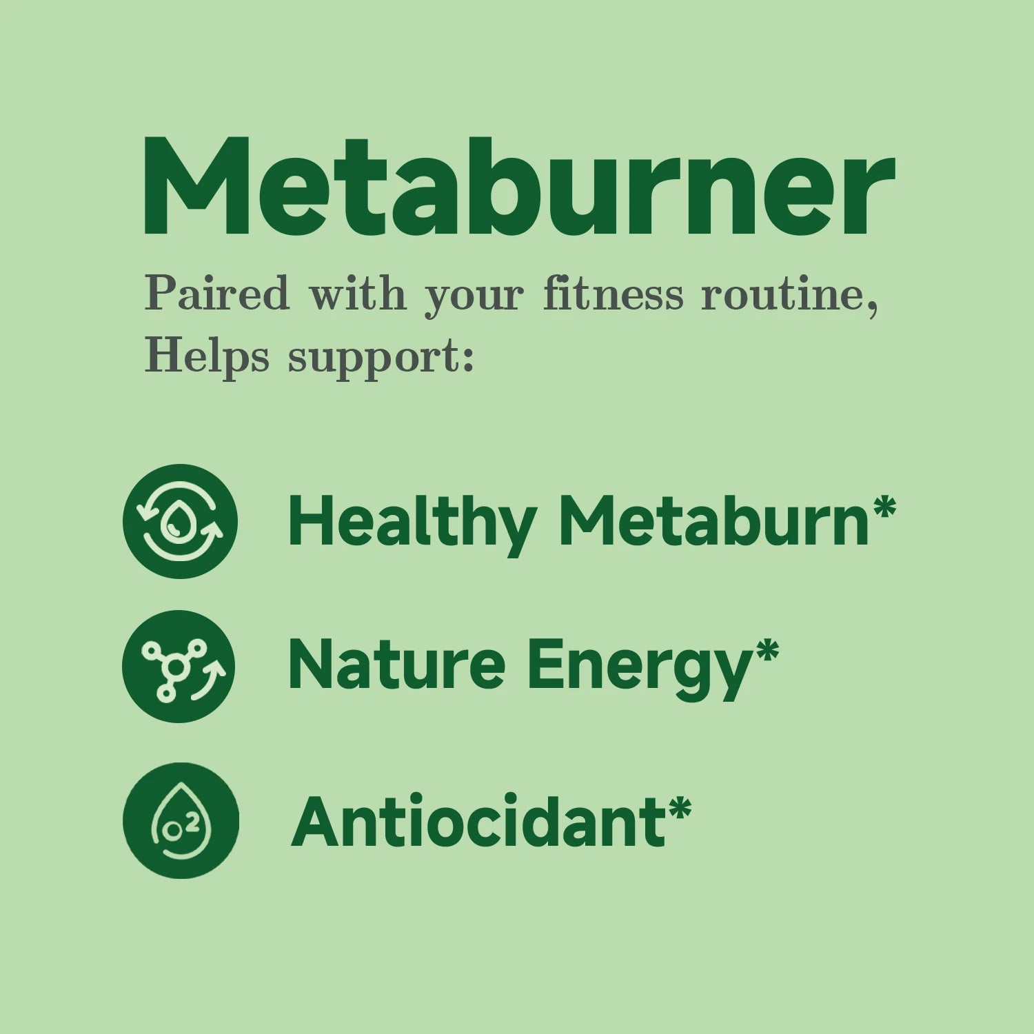 Promotional graphic for 'Metaburner' with benefits listed on a green background