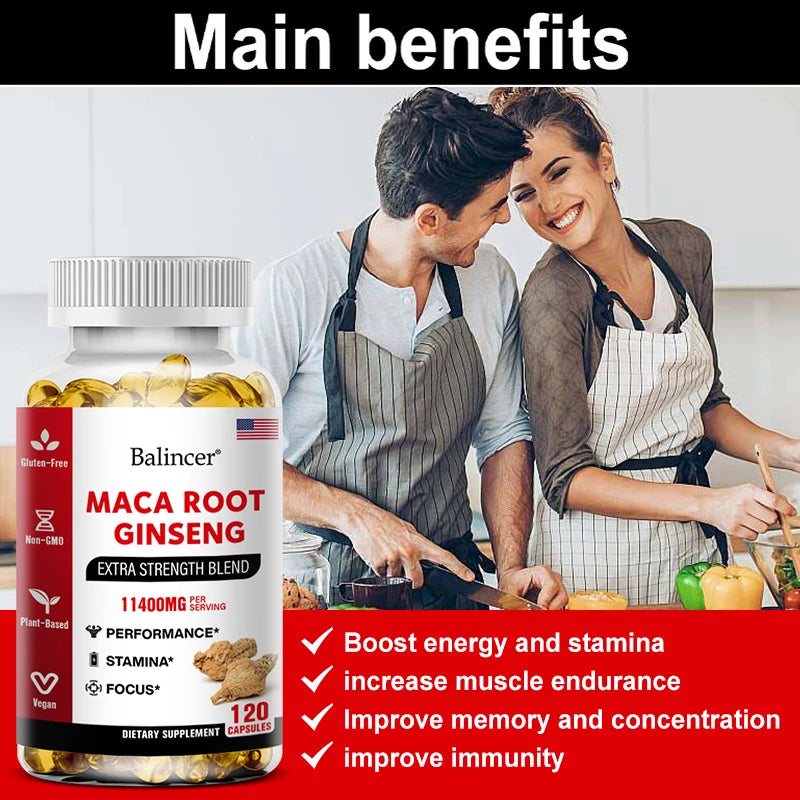 Organic Maca Root + Ginseng Extract Capsules - Stamina & Mood - Energy Supplement for Men and Women