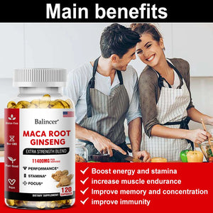 Organic Maca Root + Ginseng Extract Capsules - Stamina & Mood - Energy Supplement for Men and Women