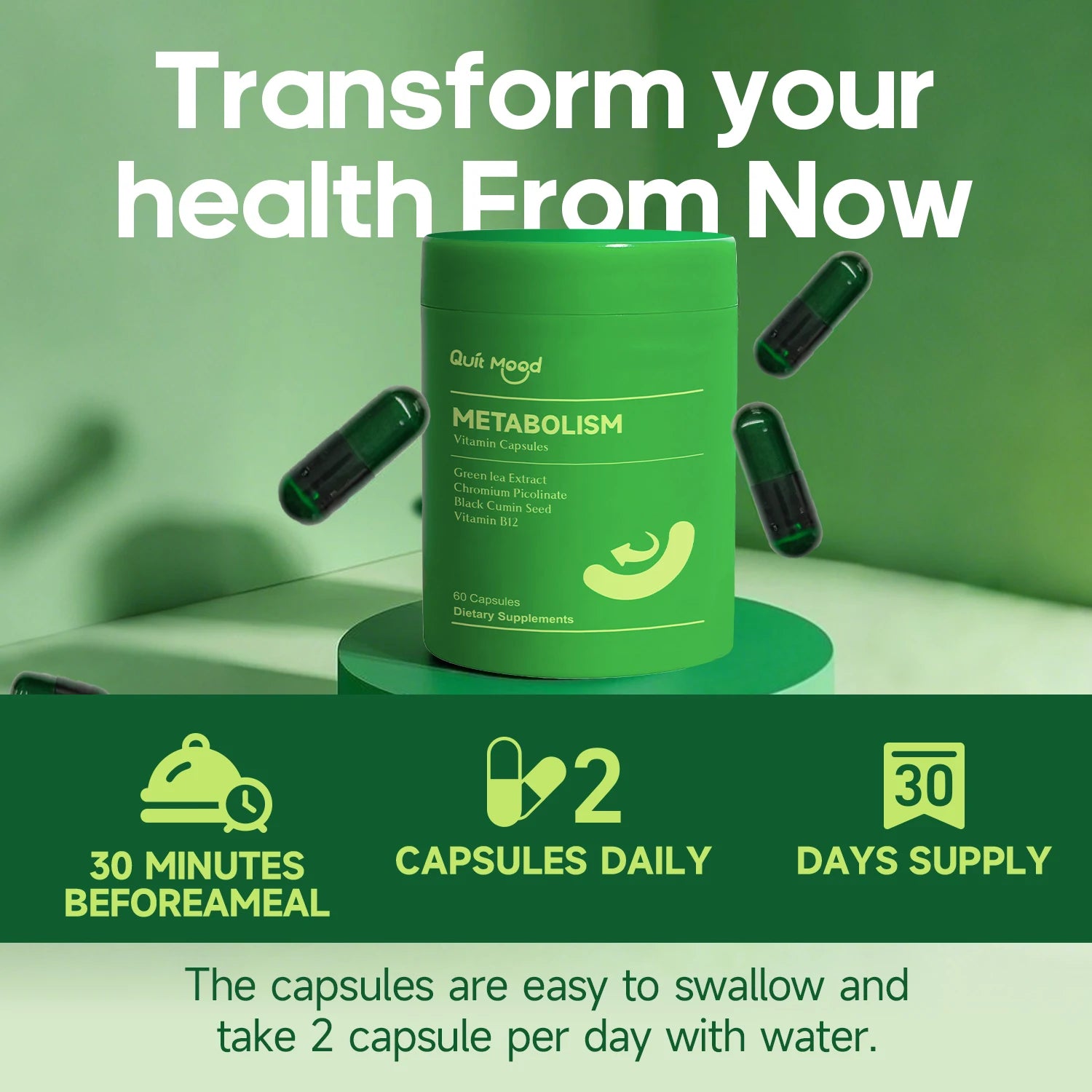 Green supplement container with capsules on a green background, promoting health transformation.