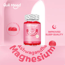 Bottle of Quit Mood magnesium gummies on a pink background with product details.