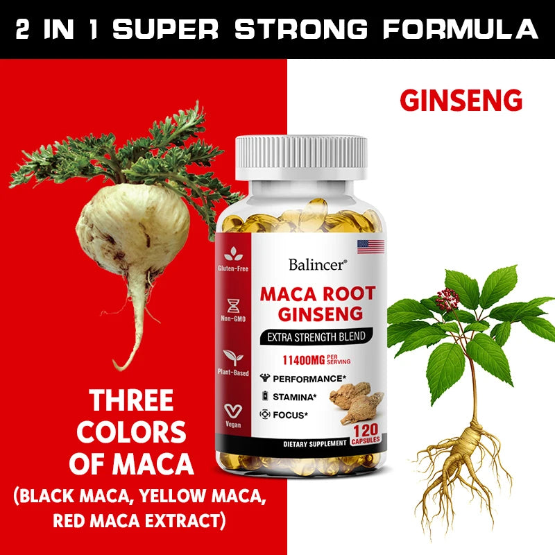 Organic Maca Root + Ginseng Extract Capsules - Stamina & Mood - Energy Supplement for Men and Women