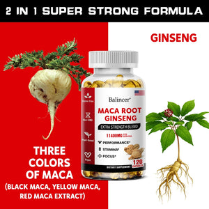 Organic Maca Root + Ginseng Extract Capsules - Stamina & Mood - Energy Supplement for Men and Women