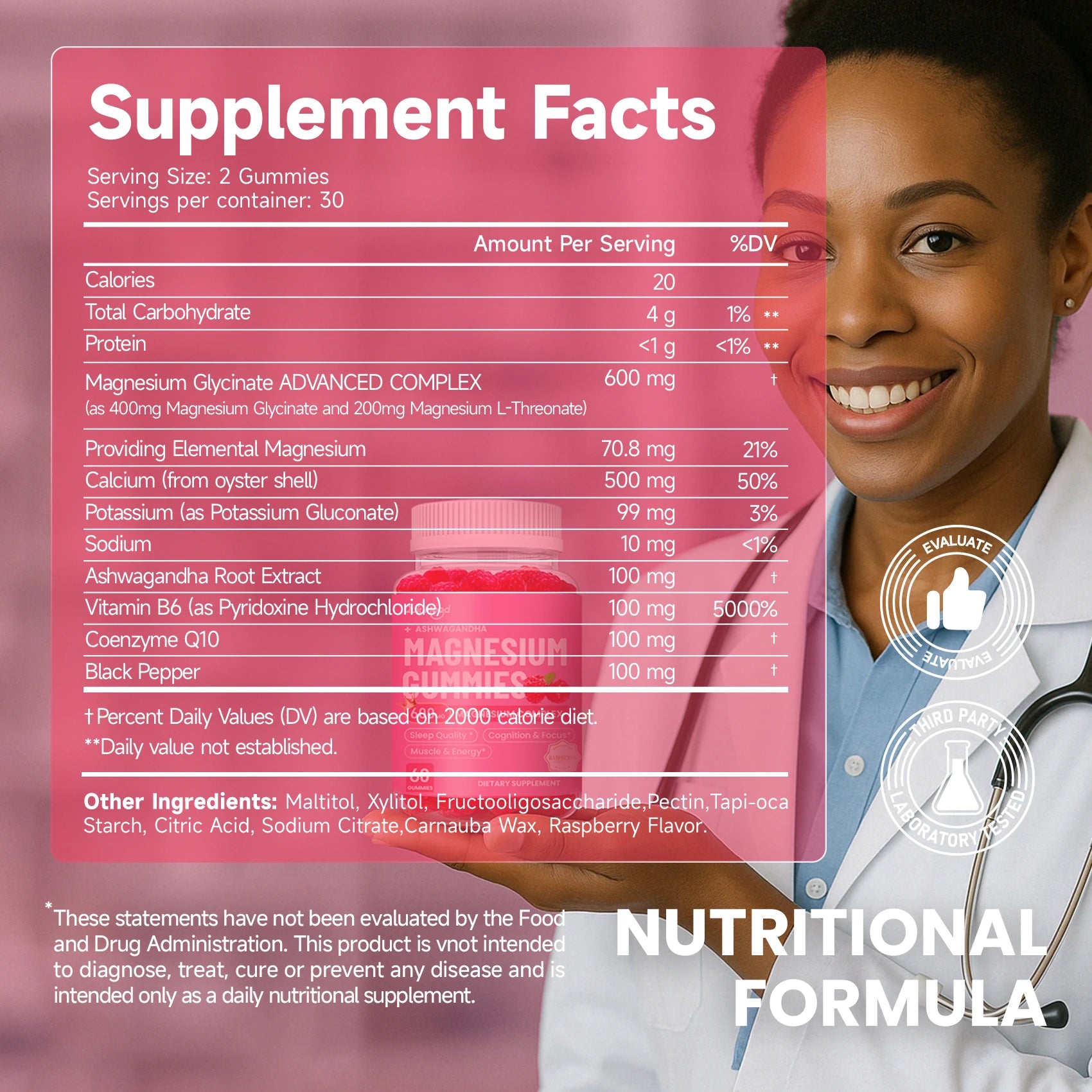 Supplement facts label with a bottle of gummies and a doctor in the background