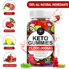 Bottle of keto gummies with ingredients and health benefits on a white background
