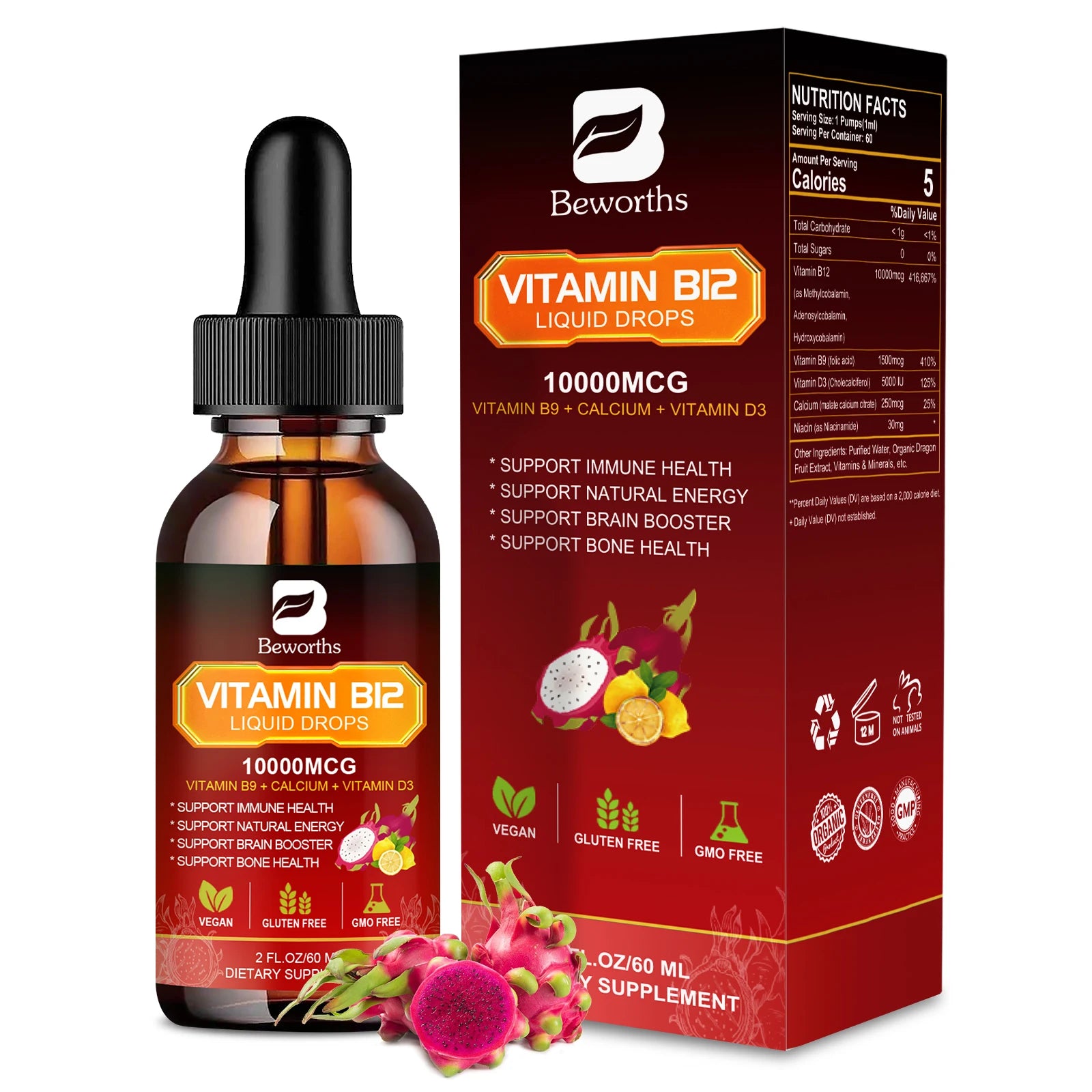 Liquid B12 + D3 Complex | Sublingual Vitamin Drops for Energy, Brain & Immune Health – 60ml