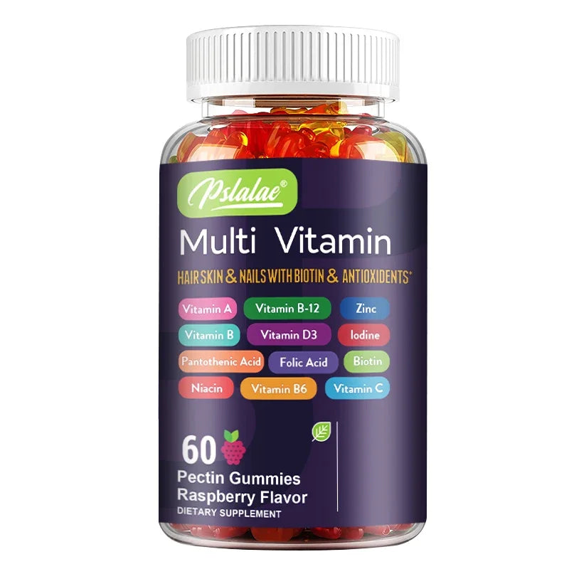 Bottle of Psalada Multi Vitamin gummies with colorful labels on a white background