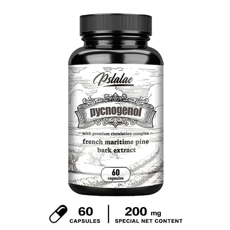 Bottle of Pstalae pycnogenol supplement with black and white label on a white background