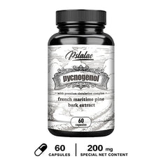 Bottle of Pstalae pycnogenol supplement with black and white label on a white background