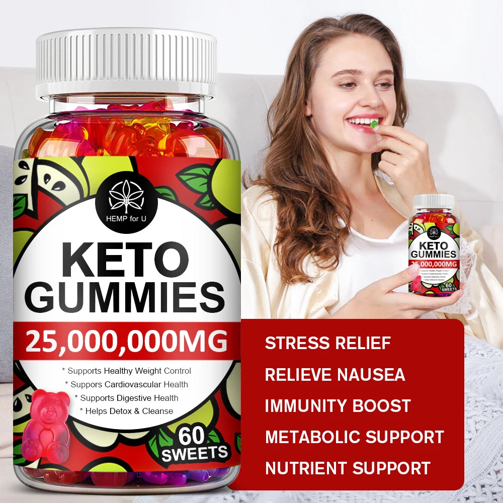 Keto gummies packaging with a woman holding a bottle, on a light gray background