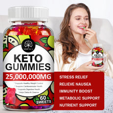 Keto gummies packaging with a woman holding a bottle, on a light gray background