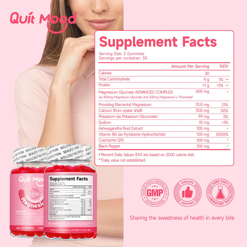 Magnesium Glycinate Gummies | 600mg with Ashwagandha, B6 & Calcium | Calm, Sleep & Bone Support – 60 Gummies | Vegan, USA-Made