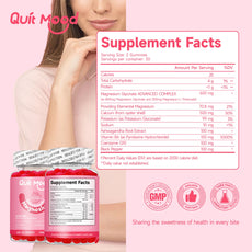 Supplement packaging with 'Quit Mood' branding and supplement facts label on a pink background.