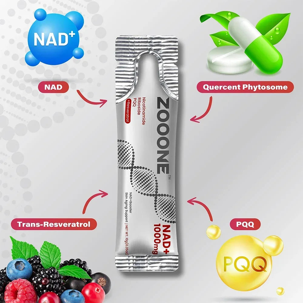 Zoone NAD+ supplement package with ingredients and branding elements on a gray background