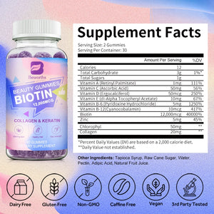 Biotin & Collagen Gummies for Hair Growth, Skin & Nails – Vegan, Gelatin-Free Beauty Supplement – 60 Gummies