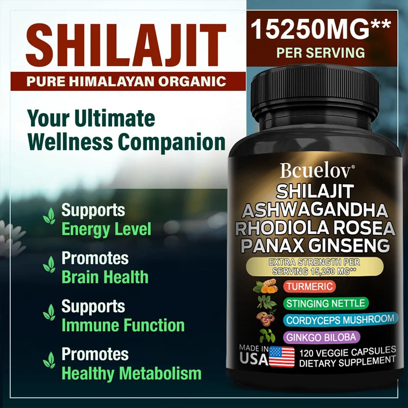 Shilajit Resin Himalaya Capsules – 15250mg (120 Capsules | With Ashwagandha, Ginseng, Cordyceps, Ginkgo & Turmeric)