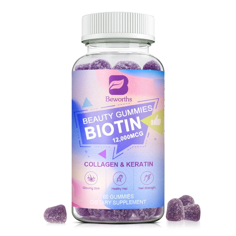 Bottle of Beworths Biotin gummies with purple gummies on a white background