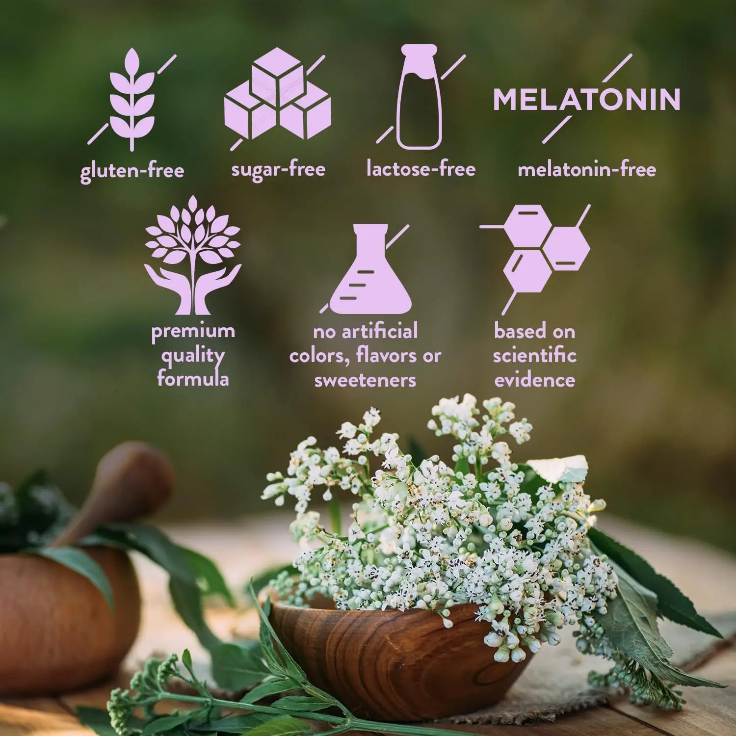 Wooden bowl with white flowers on a wooden surface, surrounded by green leaves, with health benefits icons and text.