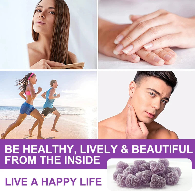 Collage of a woman with long hair, hands holding a phone, two people running on a beach, and a man touching his neck. Text encourages health and happiness.