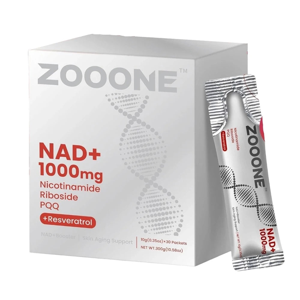 Zooone NAD+ supplement packaging with a white box and red text on a white background
