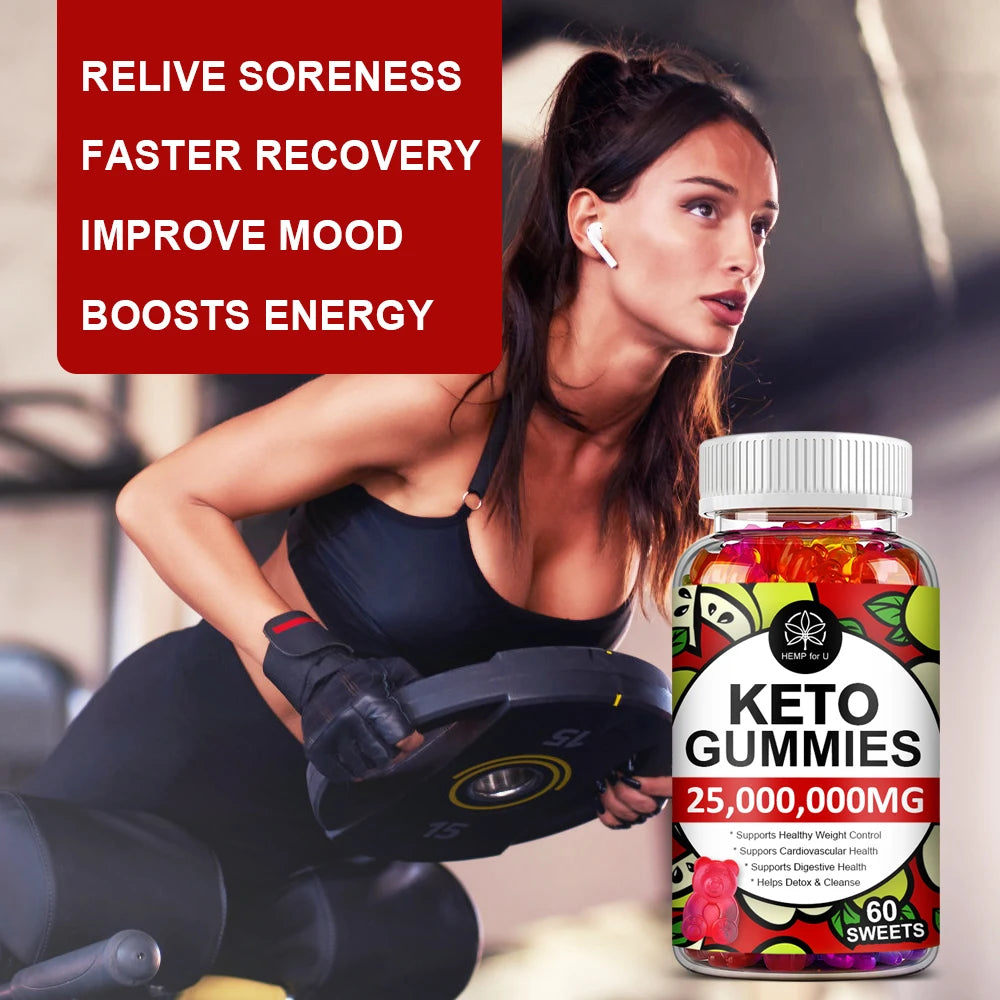 Woman exercising with a bottle of keto gummies in the foreground, highlighting health benefits.