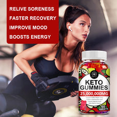 Woman exercising with a bottle of keto gummies in the foreground, highlighting health benefits.