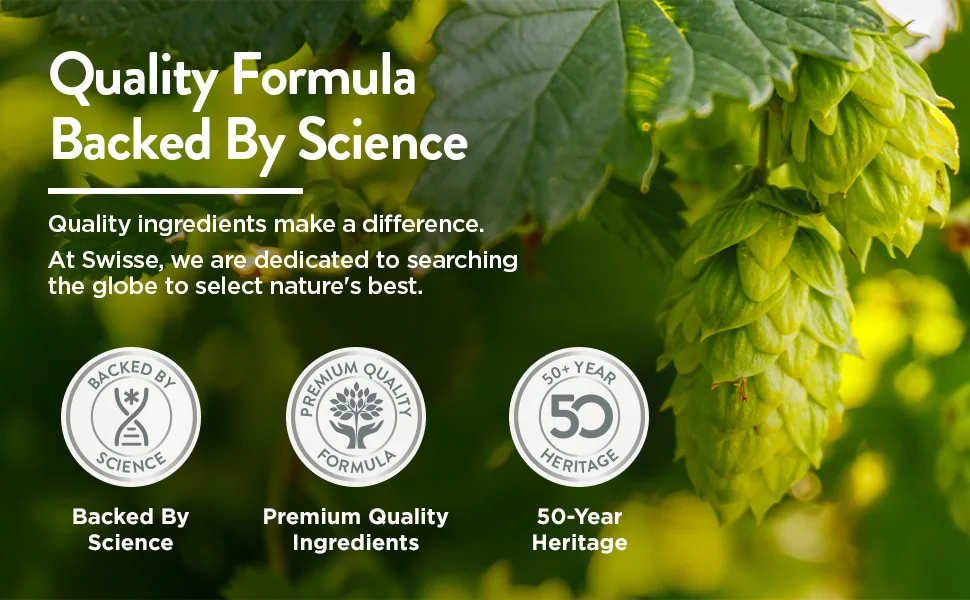 Hops with text and icons about quality formula, science, premium ingredients, and heritage.