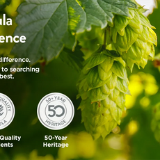 Hops with text and icons about quality formula, science, premium ingredients, and heritage.