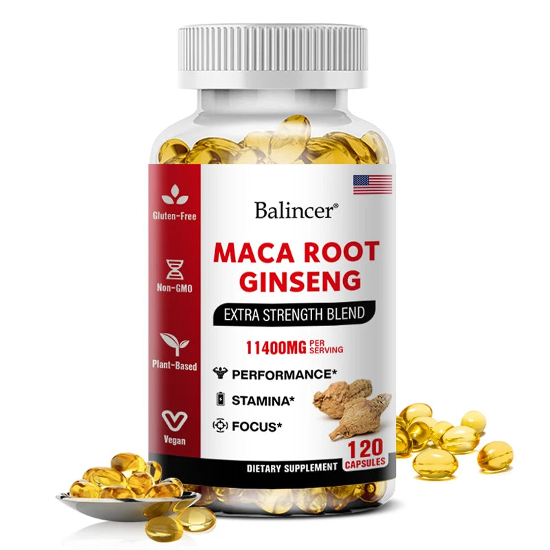 Organic Maca Root + Ginseng Extract Capsules - Stamina & Mood - Energy Supplement for Men and Women